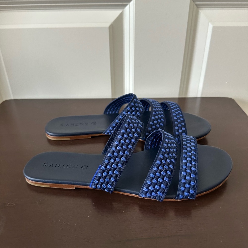Rothy's Navy Blue Cobalt Checkered Triple Band Slide Slip-On Strappy Sandals 9